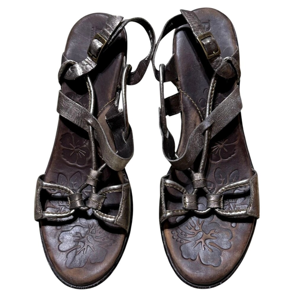 Born Open Toe Leather Slingback Sandals 8 M Gold Metallic Brown Tropical Wedge